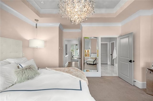 bedroom featuring baseboards, carpet flooring, a raised ceiling, and crown molding