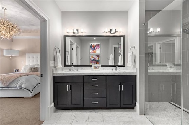 bathroom featuring a sink, ensuite bath, and a tile shower