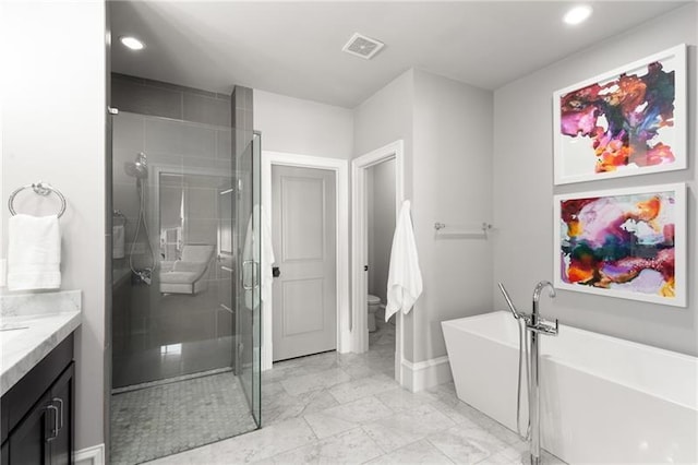 full bath featuring toilet, vanity, visible vents, marble finish floor, and a stall shower