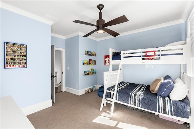 bedroom featuring ornamental molding, carpet flooring, ceiling fan, and baseboards