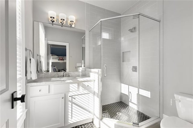 full bath featuring a shower stall, toilet, and vanity