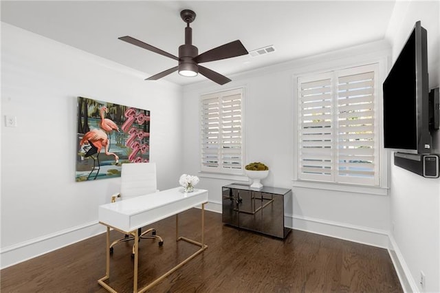 office with baseboards, visible vents, ceiling fan, and wood finished floors