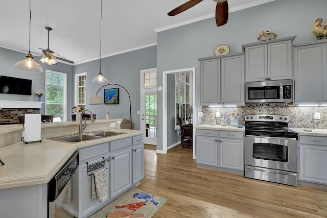 5581 River Valley Way, Flowery Branch, GA 30542 - kitchen featuring stainless steel appliances, ceiling fan, crown molding, a sink, and decorative backsplash