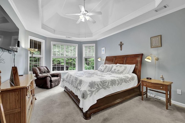 5581 River Valley Way, Flowery Branch, GA 30542 - bedroom with a raised ceiling, light carpet, ornamental molding, ceiling fan, and baseboards