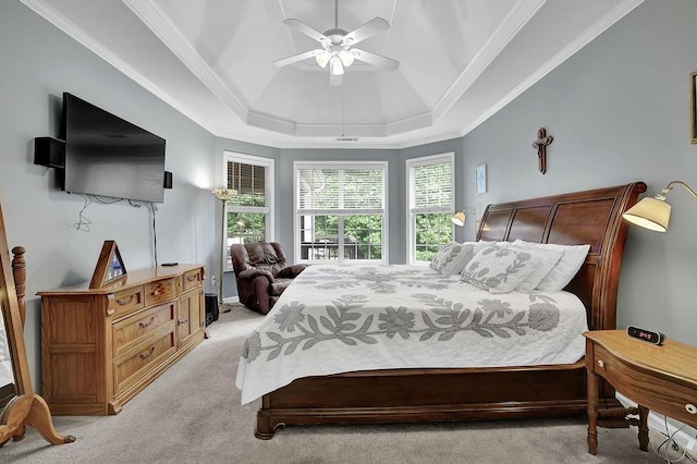 5581 River Valley Way, Flowery Branch, GA 30542 - bedroom featuring light carpet, a raised ceiling, ornamental molding, and a ceiling fan