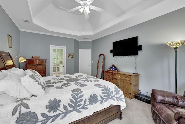5581 River Valley Way, Flowery Branch, GA 30542 - bedroom featuring a raised ceiling, light carpet, ceiling fan, and crown molding