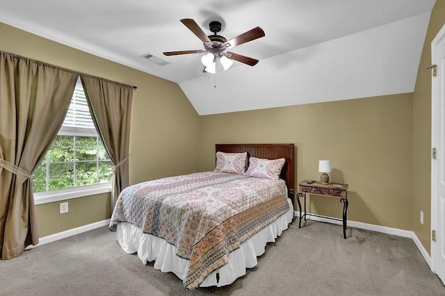 5581 River Valley Way, Flowery Branch, GA 30542 - bedroom with carpet, baseboards, vaulted ceiling, and a ceiling fan