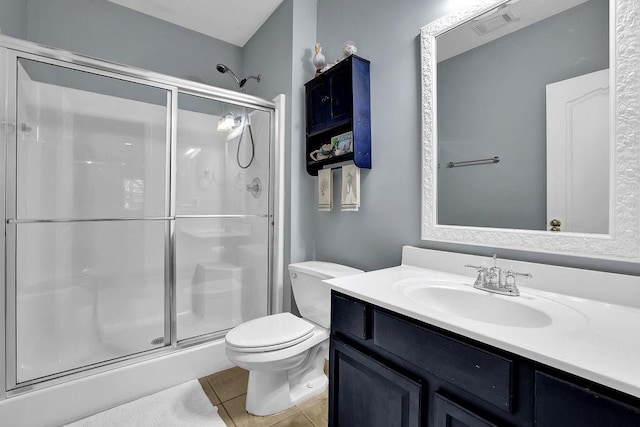 5581 River Valley Way, Flowery Branch, GA 30542 - full bathroom with a stall shower, toilet, vanity, and tile patterned floors
