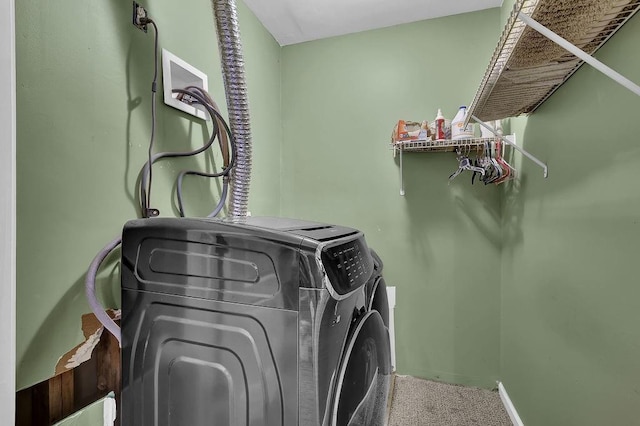5581 River Valley Way, Flowery Branch, GA 30542 - washroom with washer and clothes dryer, carpet, and baseboards