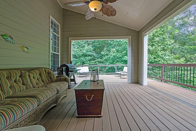 5581 River Valley Way, Flowery Branch, GA 30542 - wooden terrace with outdoor lounge area, area for grilling, and ceiling fan