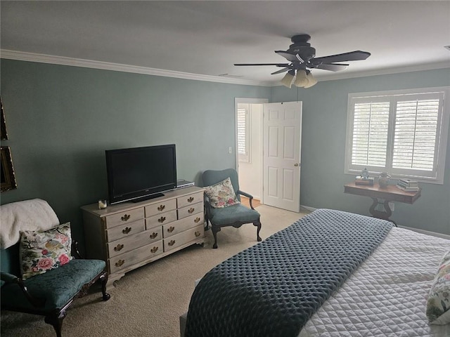 bedroom featuring baseboards, ornamental molding, ceiling fan, and light colored carpet