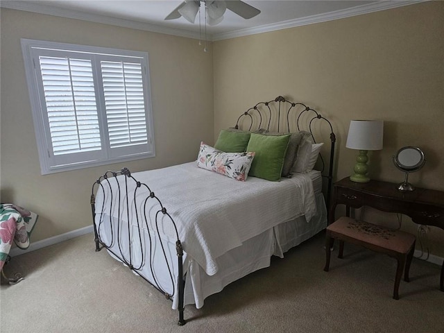 bedroom featuring baseboards, ornamental molding, ceiling fan, and carpet flooring