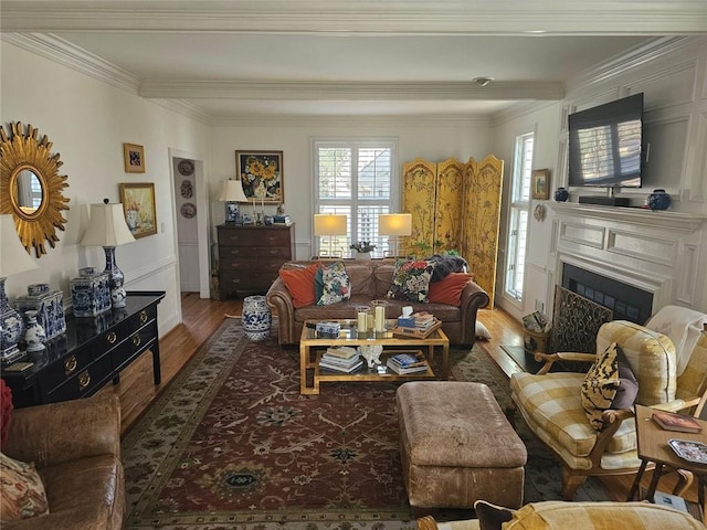 living room featuring ornamental molding, a fireplace, and wood finished floors