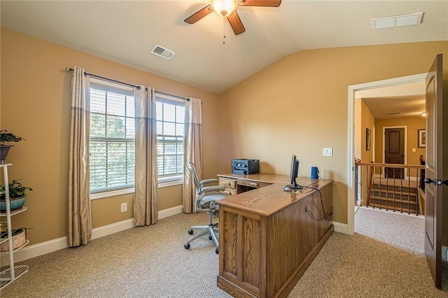 2235 Well Springs Dr, Buford, GA 30519 - home office featuring lofted ceiling, ceiling fan, light colored carpet, and baseboards