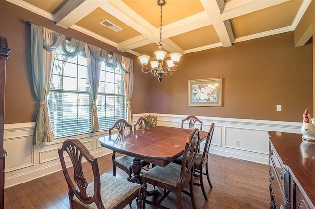 2235 Well Springs Dr, Buford, GA 30519 - dining area with coffered ceiling, beamed ceiling, ornamental molding, dark wood-style floors, and a chandelier