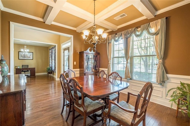 2235 Well Springs Dr, Buford, GA 30519 - dining area featuring a chandelier, coffered ceiling, hardwood / wood-style floors, beamed ceiling, and crown molding