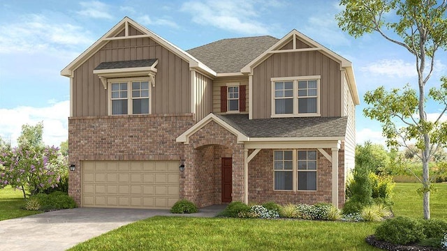 craftsman house with a garage, a front lawn, board and batten siding, and brick siding