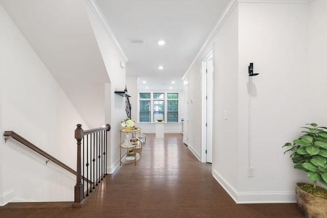 corridor featuring ornamental molding and dark hardwood / wood-style floors