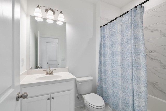 full bathroom with vanity, shower / bath combination with curtain, and toilet