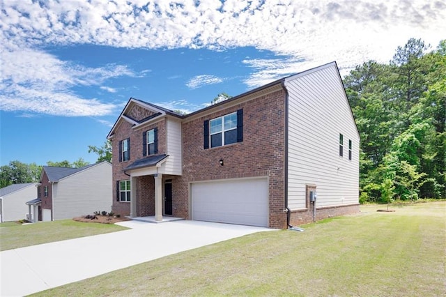 view of front of home featuring brick siding, an attached garage, driveway, and a front lawn