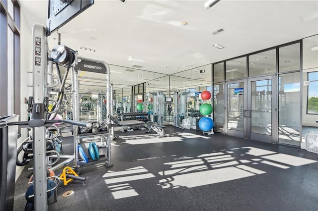 workout area featuring visible vents and french doors