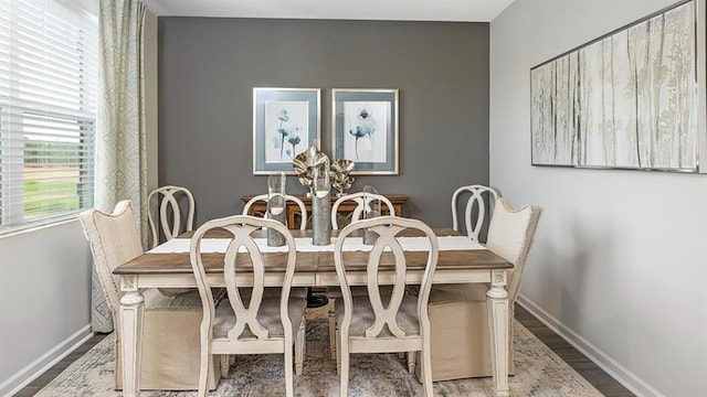 dining space with wood finished floors and baseboards