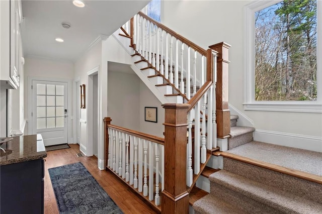 7105 Haw Crk, Gainesville, GA 30506 - entryway featuring crown molding, baseboards, stairway, recessed lighting, and wood finished floors
