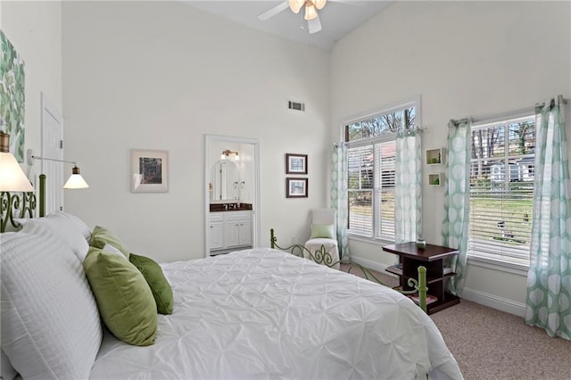 7105 Haw Crk, Gainesville, GA 30506 - carpeted bedroom with visible vents, baseboards, high vaulted ceiling, and a ceiling fan