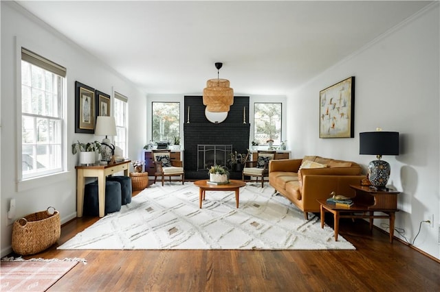 living room with a fireplace and wood-type flooring