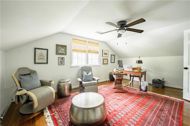 office area featuring lofted ceiling, hardwood / wood-style flooring, and ceiling fan