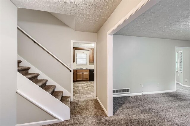 staircase featuring carpet flooring, a wealth of natural light, sink, and a textured ceiling