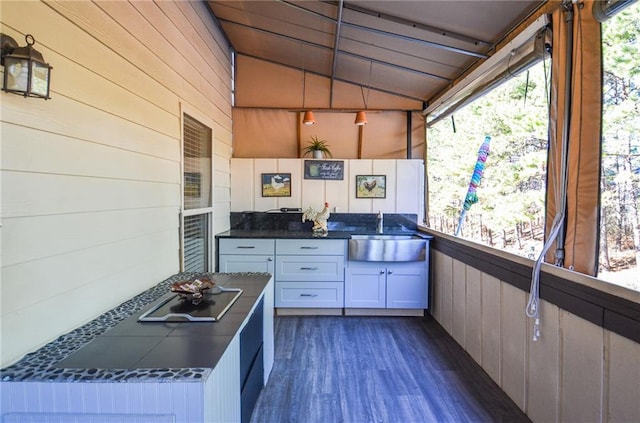 interior space with lofted ceiling and sink