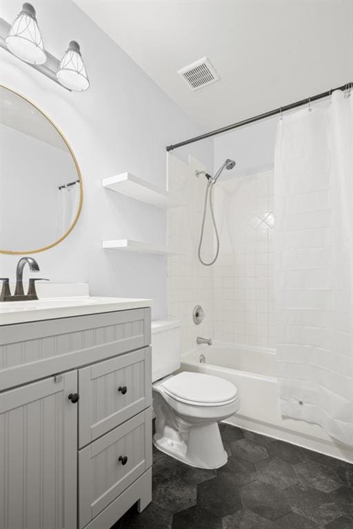 full bathroom with vanity, toilet, and shower / bathtub combination with curtain