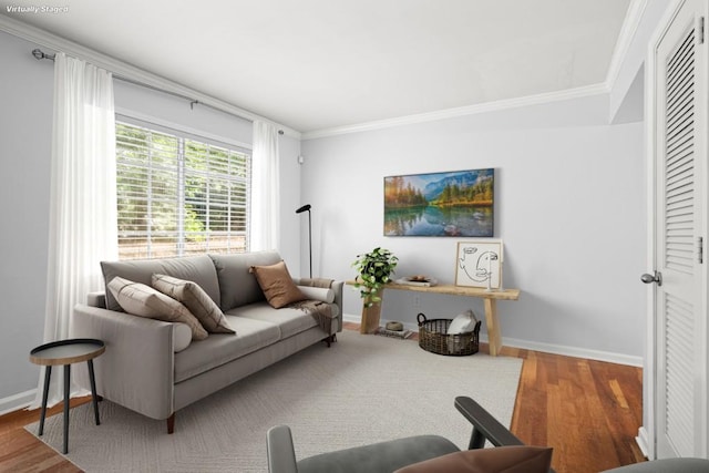 living room featuring wood-type flooring and crown molding