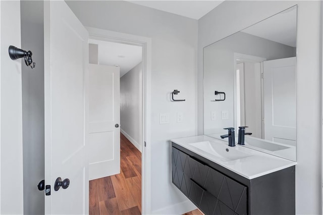bathroom with wood finished floors and vanity