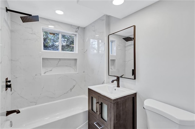 bathroom with toilet, vanity, shower / bathtub combination, and recessed lighting