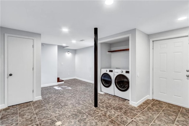 clothes washing area with independent washer and dryer, baseboards, laundry area, and recessed lighting