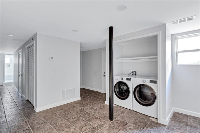 laundry room with baseboards, visible vents, washing machine and clothes dryer, and laundry area