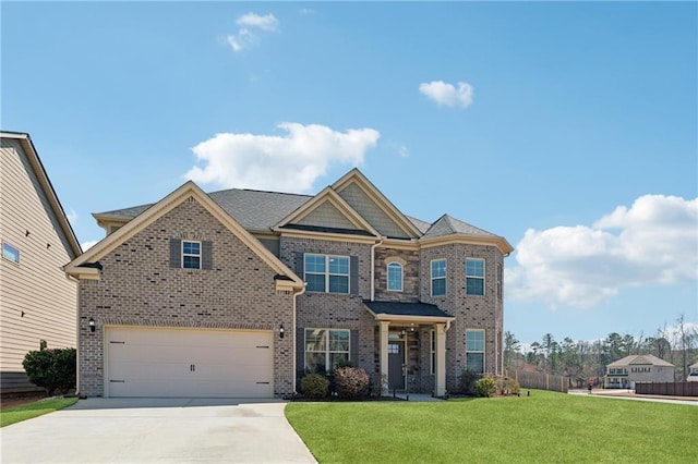 view of front of home with a garage, brick siding, concrete driveway, and a front lawn