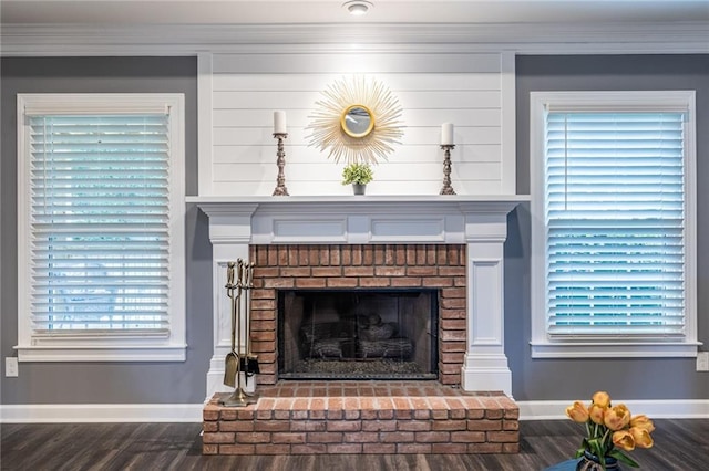 3845 Glen Ian Dr, Loganville, GA 30052 - detailed view of baseboards, wood finished floors, a fireplace, and crown molding