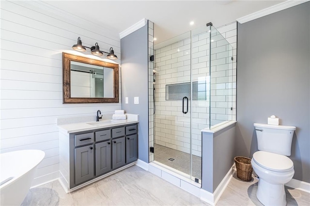 3845 Glen Ian Dr, Loganville, GA 30052 - bathroom with crown molding, a stall shower, toilet, baseboards, and a freestanding bath