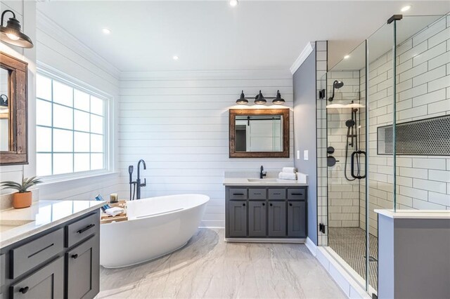 3845 Glen Ian Dr, Loganville, GA 30052 - full bathroom with a shower stall, ornamental molding, marble finish flooring, two vanities, and a freestanding bath