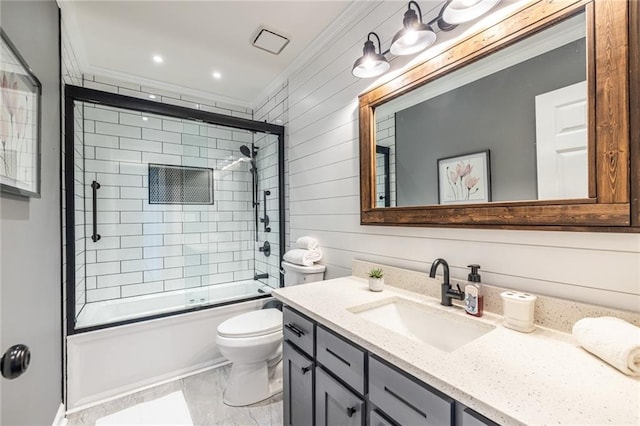 3845 Glen Ian Dr, Loganville, GA 30052 - full bathroom featuring ornamental molding, toilet, vanity, shower / bath combination with glass door, and marble look tiles