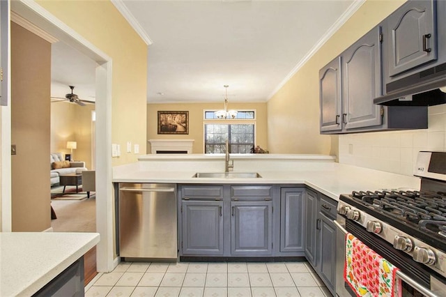 kitchen featuring pendant lighting, sink, appliances with stainless steel finishes, gray cabinetry, and tasteful backsplash