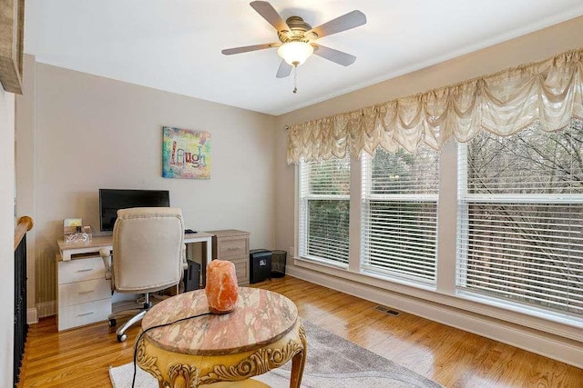 office space featuring light hardwood / wood-style flooring and ceiling fan