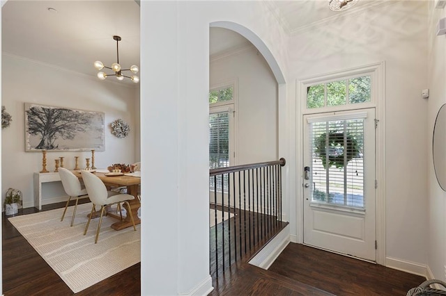 foyer entrance with a chandelier, crown molding, and dark hardwood / wood-style flooring