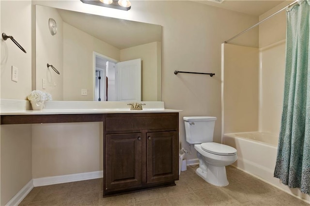 1307 Clarecastle Ln, Buford, GA 30519 - bathroom featuring toilet, vanity, tile patterned floors, shower / bath combo with shower curtain, and baseboards