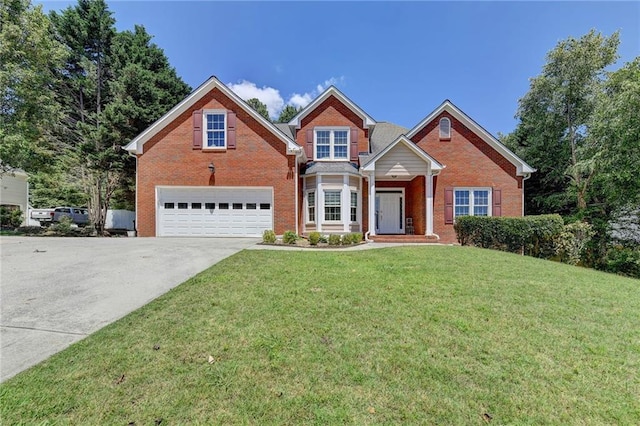 traditional-style house featuring concrete driveway, brick siding, an attached garage, and a front lawn