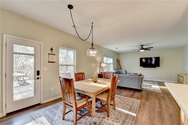 dining area with a ceiling fan, baseboards, and wood finished floors