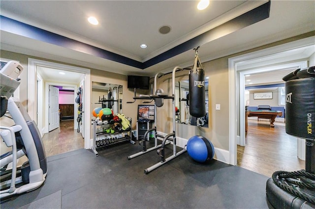 workout area featuring pool table, wood-type flooring, crown molding, and a tray ceiling